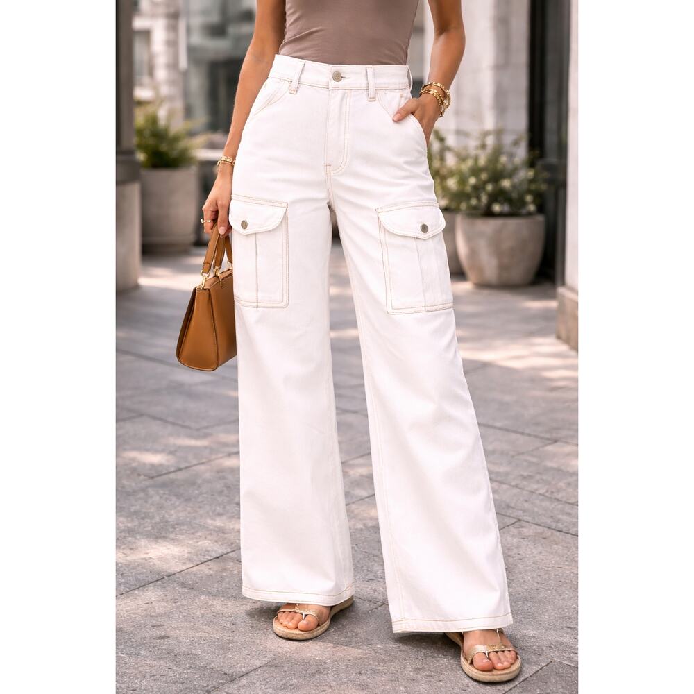 DL1961 High Rise Wide Leg Cargo Pants 30 Cream Hepburn EUC